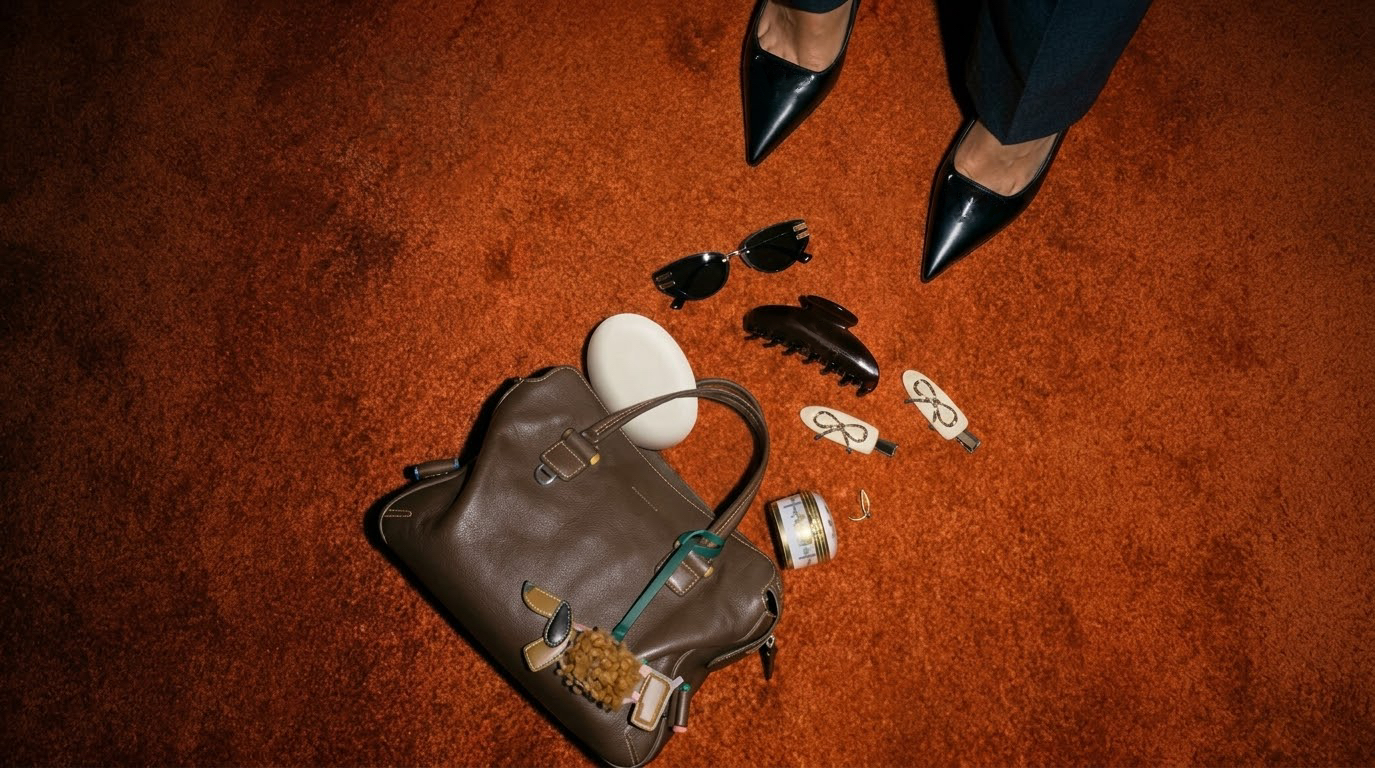 Editorial still life with a handbag, soap and everyday objects