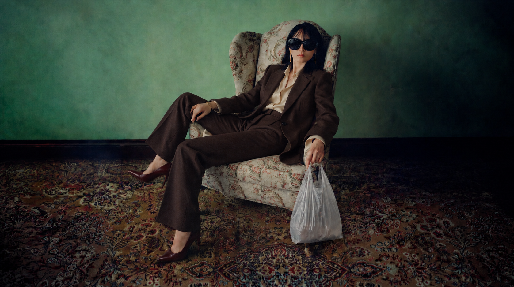 A model in a chocolate-brown suit seated in a floral chair, holding an ordinary white plastic shopping bag
